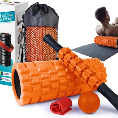 5 in 1 Foam Roller Set for Deep Tissue Muscle Massage, Trigger Point Fitness Exercise Foam Roller, Massage Roller, Massage Ball, Stretching Strap, for Whole Body (Orange Black)