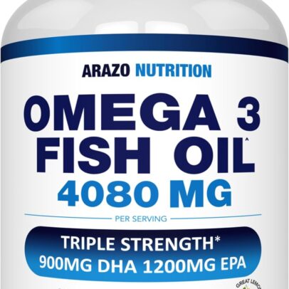 Arazo Nutrition Wild Caught Omega 3 Fish Oil – 120 Soft Gels – 4,080mg High EPA 1200mg DHA 900mg Lemon Flavor Burpless Softgels