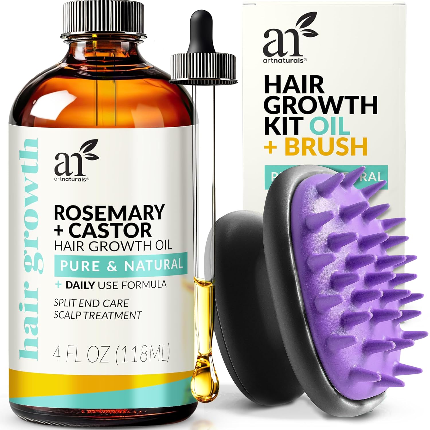 ArtNaturals Organic Rosemary & Castor Hair Growth Oil + Scalp ArtNaturals Organic Rosemary & Castor Hair Growth Oil + Scalp Massager Set – Hair Styling Oils for Dry, Itchy Scalp, Thickening & Hydration - Scalp Oil Products For Damaged Hair & Split Ends – 4.0 oz