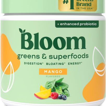 Bloom Nutrition Superfood Greens Powder, Digestive Enzymes with Probiotics and Prebiotics, Gut Health, Bloating Relief for Women, Chlorella, Green Juice Mix with Beet Root Powder, 30 SVG, Mango