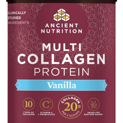 Collagen Powder Protein by Ancient Nutrition, Multi Collagen Vanilla Protein Powder, 45 Servings, with Vitamin C, Hydrolyzed Collagen Peptides Supports Skin and Nails, Gut Health, 16.7oz