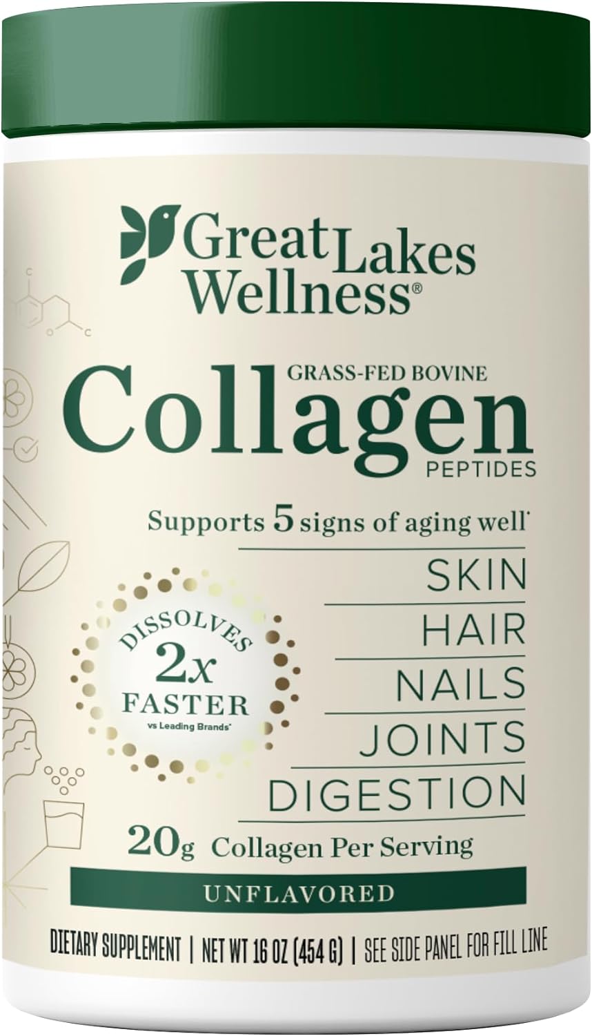 Great Lakes Wellness Collagen Peptides Powder for Skin, Hair, Nails, Great Lakes Wellness Collagen Peptides Powder for Skin, Hair, Nails, Joints & Digestion - Unflavored - Quick Dissolve Hydrolyzed, Non-GMO, Keto, Kosher - 16oz