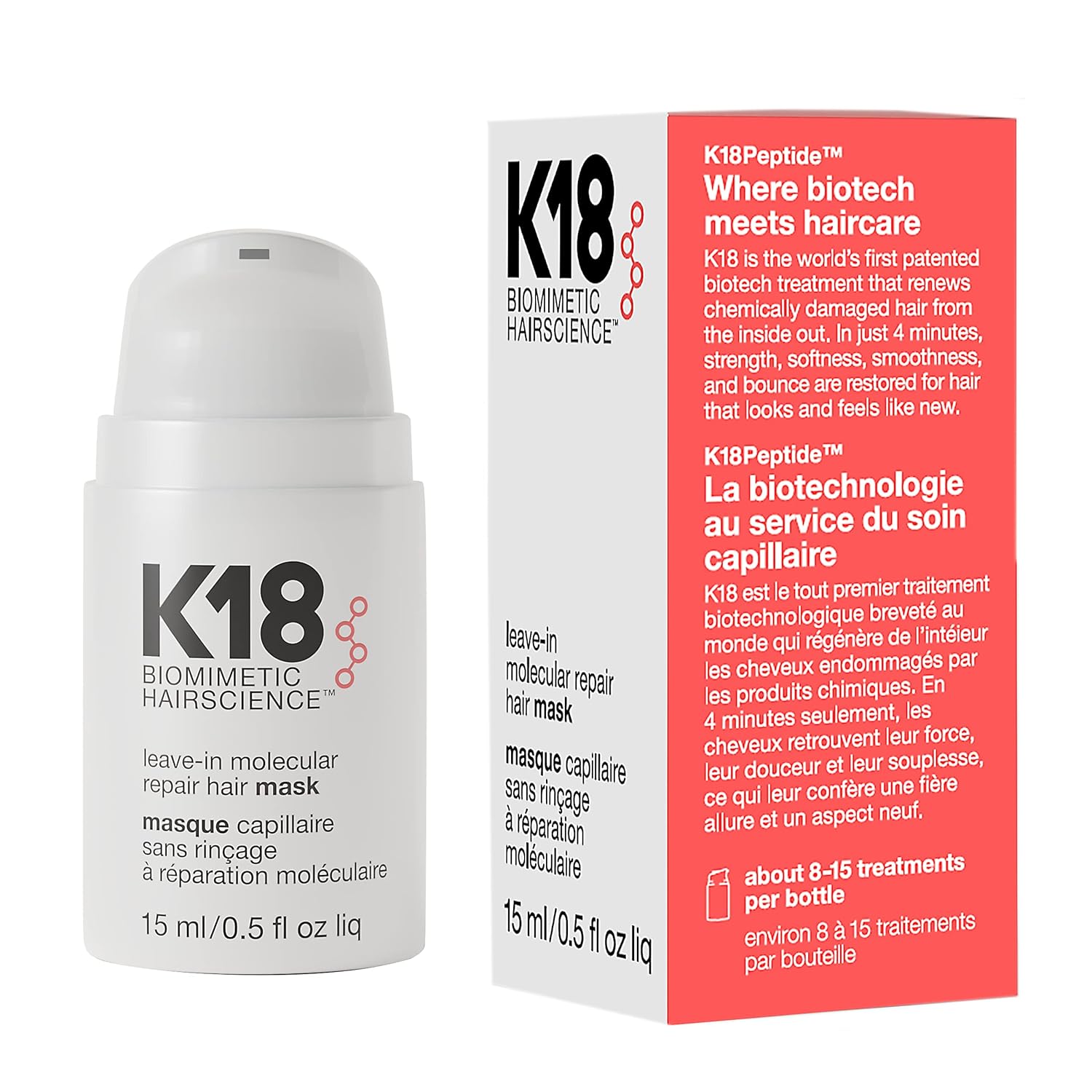 K18 Leave-In Molecular Hair Mask, Repairs Dry or Damaged Hair, K18 Leave-In Molecular Hair Mask, Repairs Dry or Damaged Hair, Reverse Hair Damage from Bleach, Color, Chemical Services & Heat