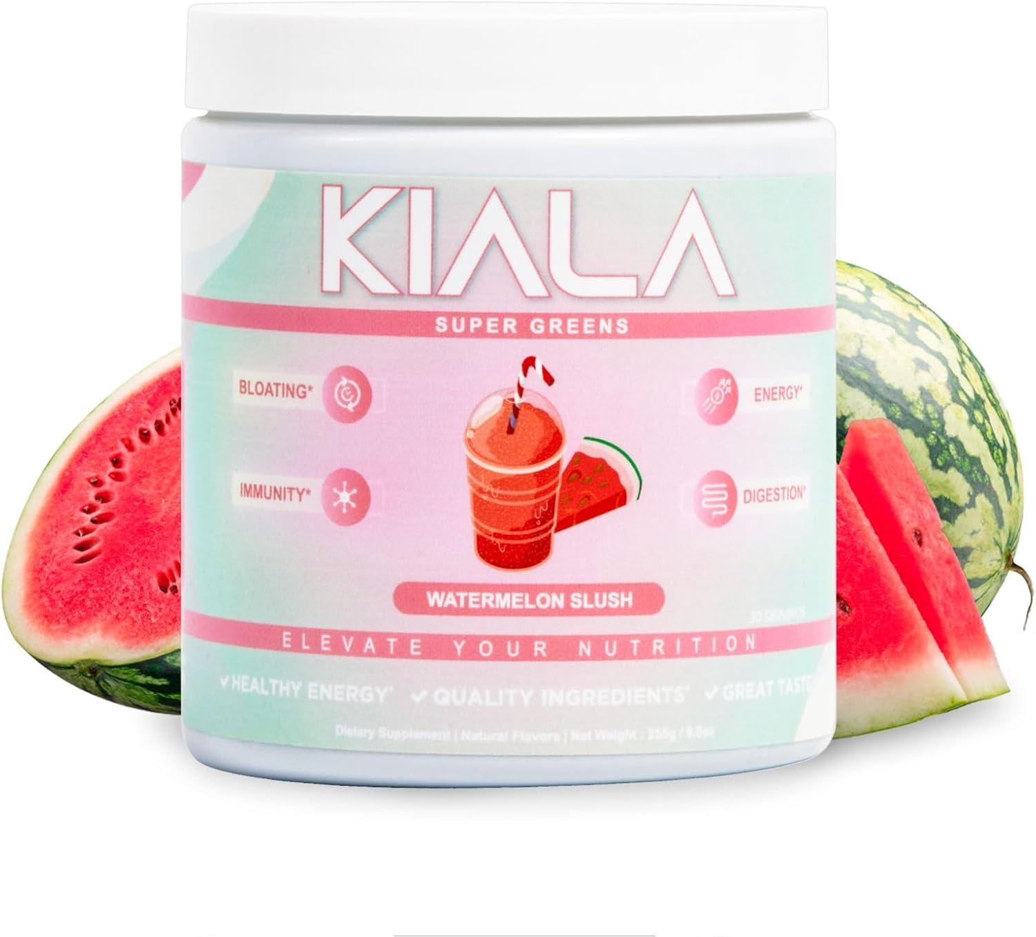 Kiala Nutrition Super Greens, Organic Greens Powder with Spirulina & Kiala Nutrition Super Greens, Organic Greens Powder with Spirulina & Chlorella for Digestion, Gut Health, Immunity & Energy, Gluten Free, Vegan, Daily Support for Women, Watermelon Slush, 30 Servings