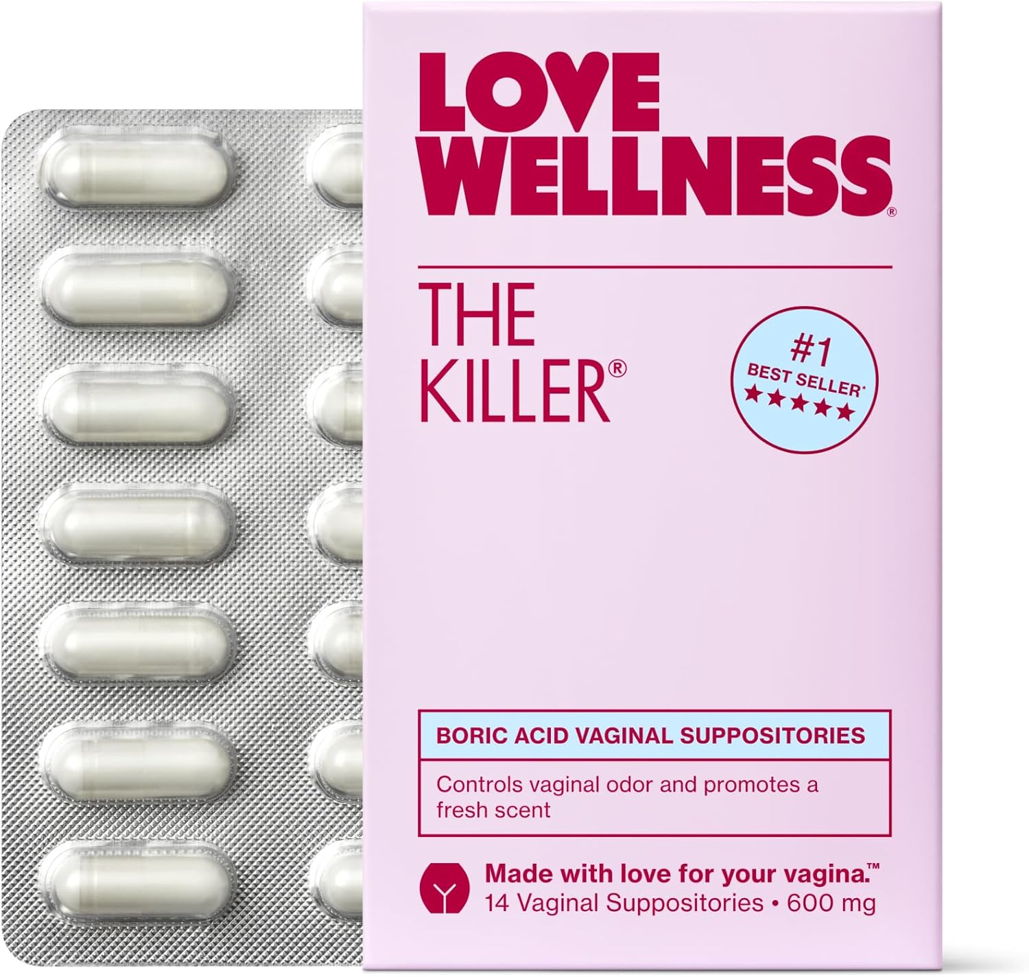 Love Wellness The Killer | Boric Acid Suppositories for Women Love Wellness The Killer | Boric Acid Suppositories for Women | Vaginal Suppository for Healthy pH Balance & Vaginal Odor Control to Promote Fresh Scent | Vaginal Health Support | 14 Count