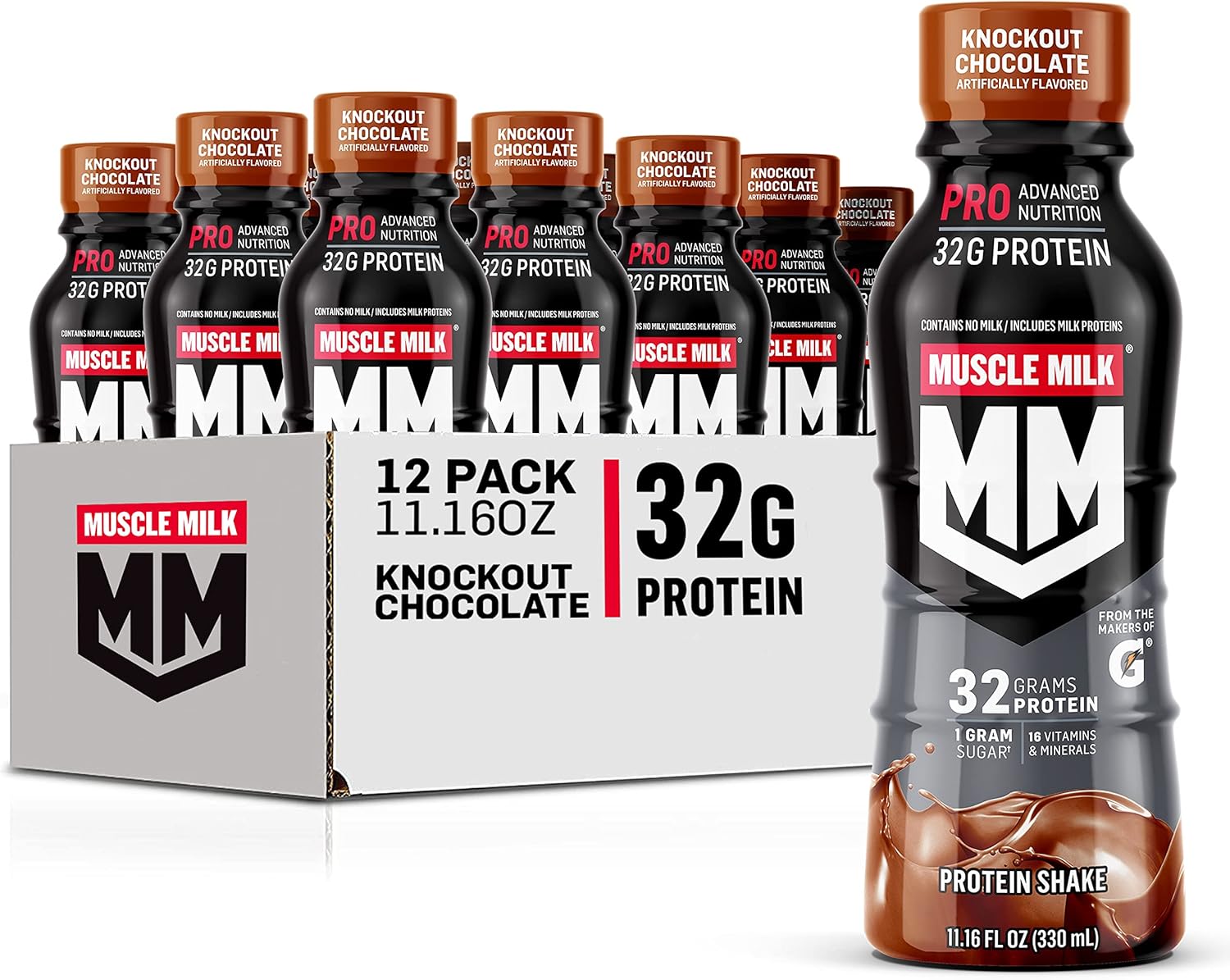 Muscle Milk Pro Advanced Nutrition Protein Shake, Knockout Chocolate, 11.16 Muscle Milk Pro Advanced Nutrition Protein Shake, Knockout Chocolate, 11.16 Fl Oz (Pack of 12), 32g Protein, 1g Sugar, 16 Vitamins & Minerals, 5g Fiber, Workout Recovery, Energizing Snack, Packaging May Vary