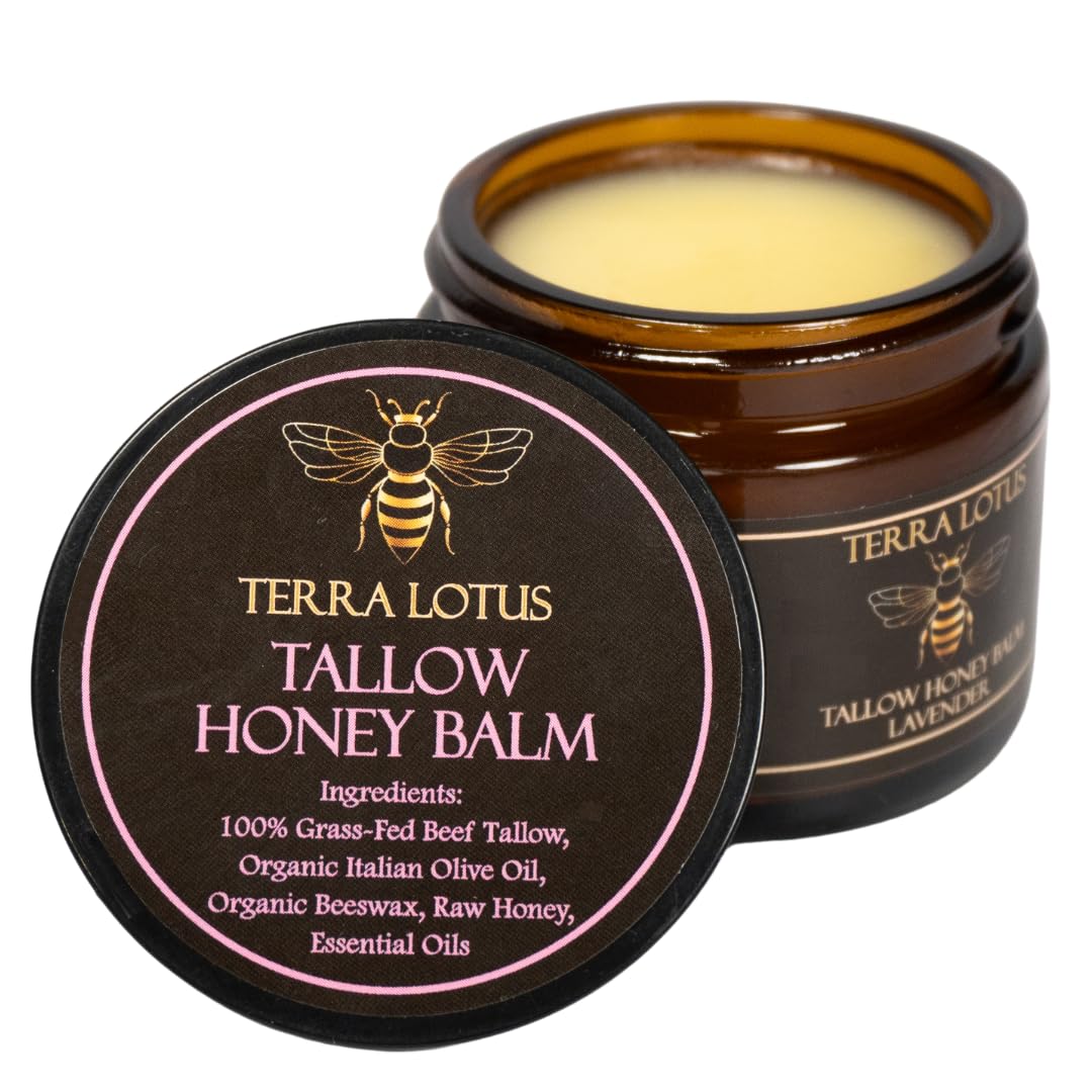 Organic Grass-Fed Beef Tallow Balm with Raw Honey - Moisturizing Organic Grass-Fed Beef Tallow Balm with Raw Honey - Moisturizing Cream for Soft, Smooth Skin - Handmade All-Natural Moisturizer (2 Oz, Lavender)