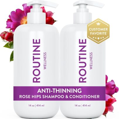 Routine Wellness Anti-Thinning Shampoo and Conditioner Set for Thinning Hair - Biotin DHT Blocker Women & Men - Color Safe Shampoo for Hair Loss & Healthier Growth - Rose Hips (Pack of 2)