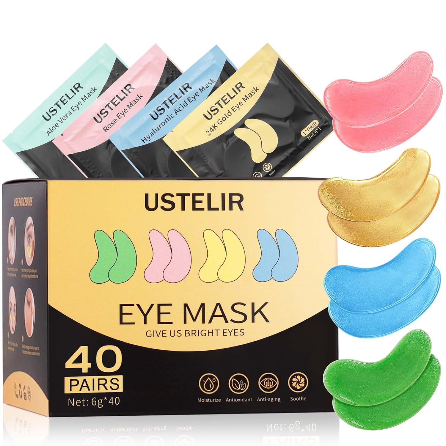 Under Eye Patches, 40 Pairs Eye Mask for Dark Circles, Under Eye Patches, 40 Pairs Eye Mask for Dark Circles, Puffy Eyes, Undereye Bags,Wrinkles,Eye Mask Patches with 24K Gold, Hyaluronic Acid,Rose & Aloe Vera, Eye Treatment Skin Care for Men & Women Gift