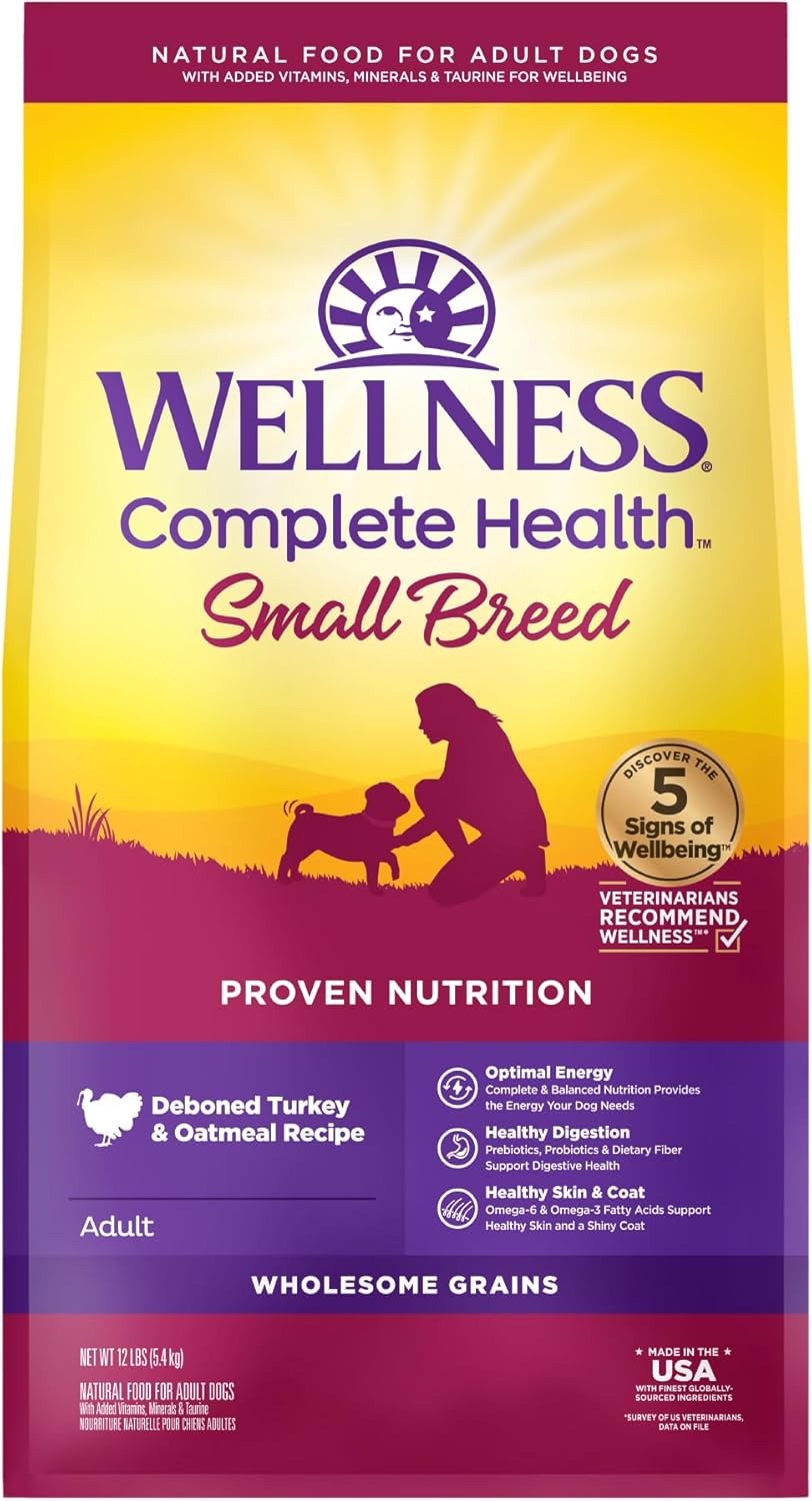 Wellness Complete Health Small Breed Adult Dry Dog Food with Wellness Complete Health Small Breed Adult Dry Dog Food with Grains and Real Turkey, Natural Ingredients, Omega Fatty Acids, and Probiotics, Made in USA (12-Pound Bag)”